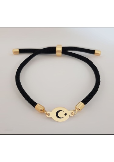 İpek Örgülüli 14 Ayar Altın Plakalı Oval Motifli Türkiye Sembollü Hediye Bileklik-320sembol-siyah Altın