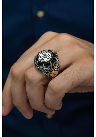 Mührü Süleyman Desenli Yuvarlak 925 Gümüş Erkek Yüzük