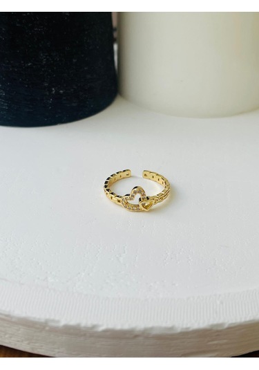 Zirkon Taşlı Kalp Detay Çelik Yüzük Altın