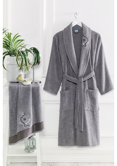Şalyaka Kadın Erkek Pamuklu Havlulu Banyo Bornoz Takımı Gri