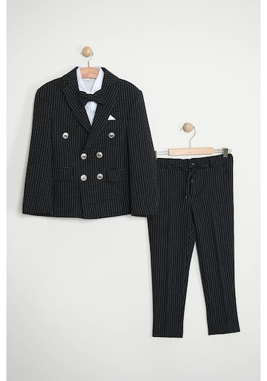 Erkek Çocuk Çizgili Ceket Gömlek Pantolon Papyonlu Takım Elbise Te.1001y Siyah