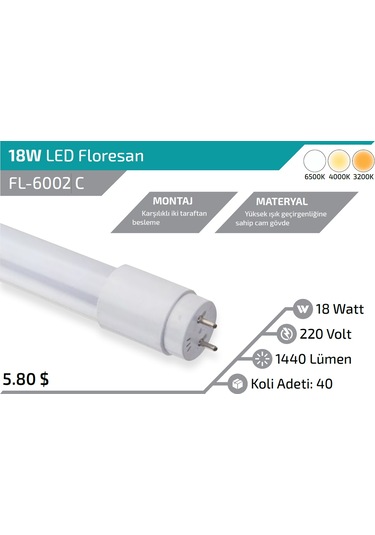 18w 120 Cm Led Florasan Ampül 3000k Günışığı