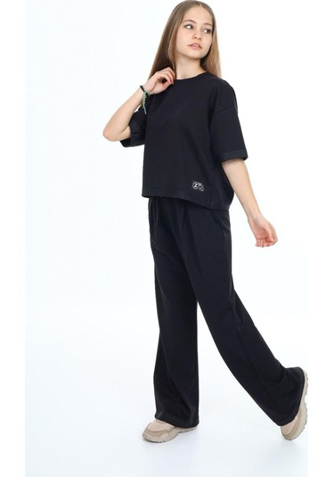 Kız Çocuk %100 Pamuk Oversize Yarım Kol Alt-üst Eşofman Takım-eşt-0012 Siyah