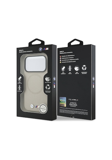 İphone 17 Pro Uyumlu Kılıf Bmw Lisanslı M-safeli Metal Logolu Delikli M Dizayn Deri Kapak Gri Gri