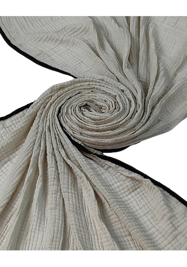 Mim Eşarp Biyeli Müslin Düz Renk Şal 90x190cm Kırık Beyaz - Siyah