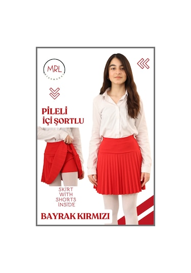 Kız Çocuk Pileli Etek Kırmızı Yüksek Bel İçi Şortlu Likra Kumaş Okul-oyun-spor-etkinlik Eteği 4105 Kırmızı