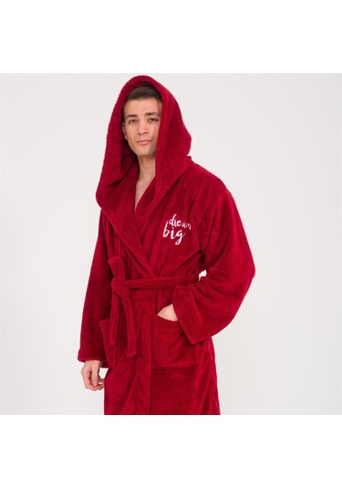 Erkek Uzun Welsoft Kapüşonlu Sabahlık - Bordo