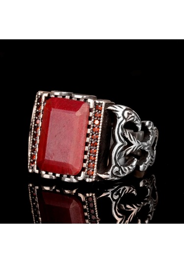 925 Ayar Gümüş Erkek Yüzük Doğal Yakut Taşı - Şık Kırmızı Taş Yüzük Gümüş