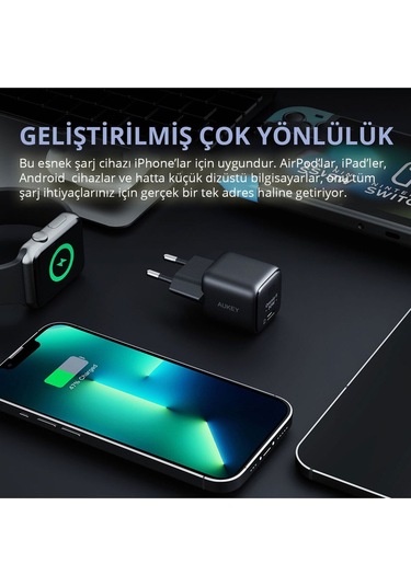 Aukey PA-B1L-BK 30 W Omnia Mini Gan Type-C PD Şarj Adaptörü - Siyah