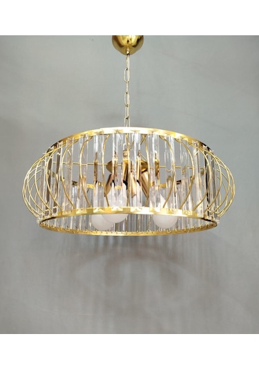 Şık Metal Camlı Büyük Boy Avize Gold