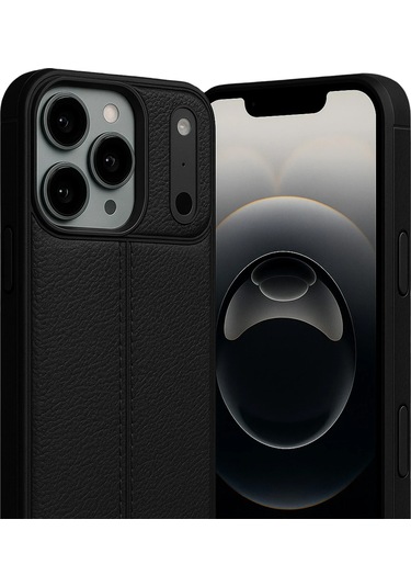 İphone Uyumlu 17 Pro Max Kılıf Focus Deri Desen Silikon Arka Kapak Siyah