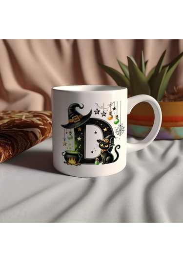 D Harfli Halloween Kedili Figür Kupa Bardak - Şapkalı Ve Kazanlı İsme Özel Kupa - Hediye 07 Beyaz