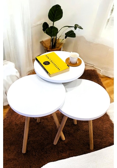 Zigon Sehpa Doğal Ahşap Ayaklı 3 Lü Set Yuvarlak Beyaz