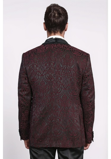 Barok Desenli Kadife Şal Yaka Yelekli Bordo Smokin - Wessi Bordo
