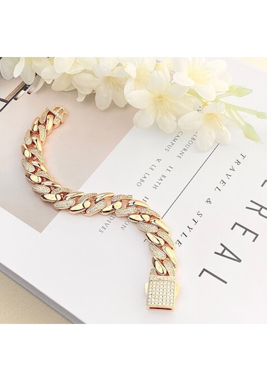Gurmet Bileklik Tam Tur Zirkon Taşlı Kalın Zincir Çelik Kararmaz Xuping Rose 1,4cm Gold