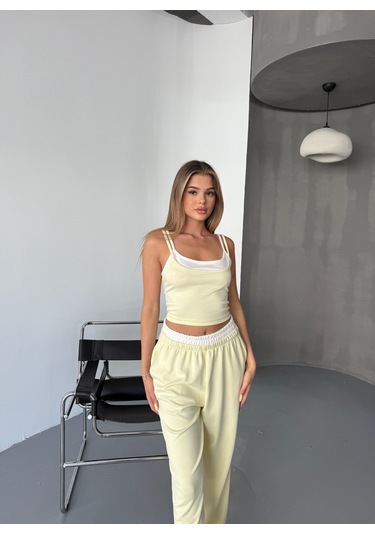 Kadın Çift Kat Detaylı Modal Dokulu Alt Üst Takım Sarı