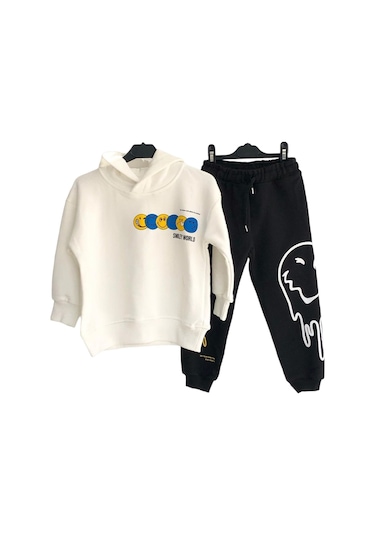 Unisex Çocuk Siyah Beyaz Renk Alt Üst Eşofman Takımı Emoji Detaylı Siyah - Beyaz