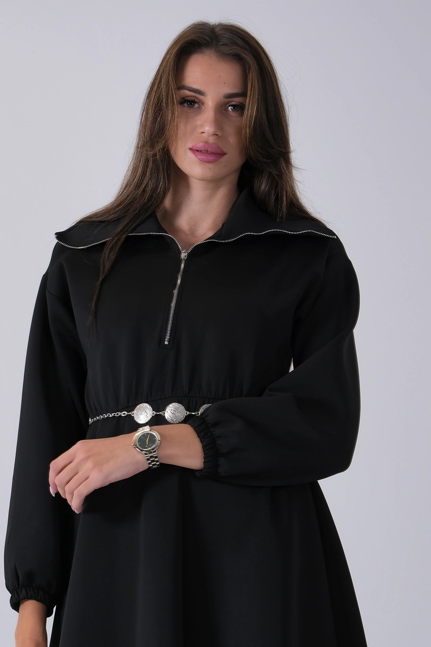 Feminist Siyah Yaka Fermuar Detaylı Bel Ve Bileği Lastikli Kemerli Scuba Elbise 4593455.01 Siyah