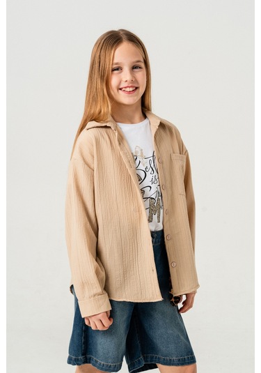 Kız Çocuk Tek Cepli Gömlek T-shirt İkili Takım 1802 Bej