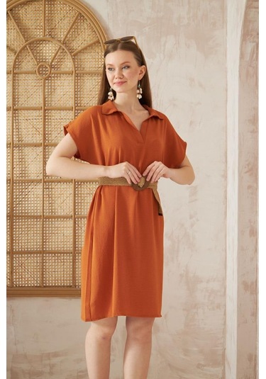 Kadın Bol Kesim Polo Yaka Kısa Kollu Günlük Kısa Midi Elbise Dizüstü 2883200 Kiremit