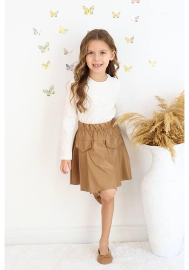 Bayramlık Fitilli Dantel Detay Deri Etekli 2 Li Takım Beyaz/bisküvi Beyaz - Camel