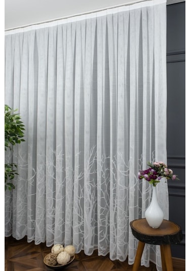 Tül Perde Grek Serpme Nakışlı Tasarım Zarif Moda Desen 1/3kat Pileli Tül Perde BEYAZ
