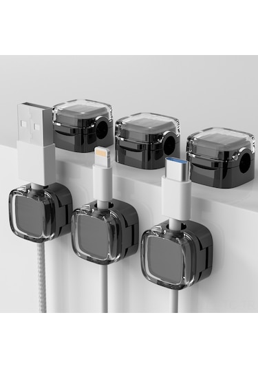 Skycity Siyah 6'lı Transparan Manyetik Kabloluk Tutucu - Masaüstü Veri Şarj Kablosu Düzenleyici, Kolay Kurulum, Dayanıklı Malzeme