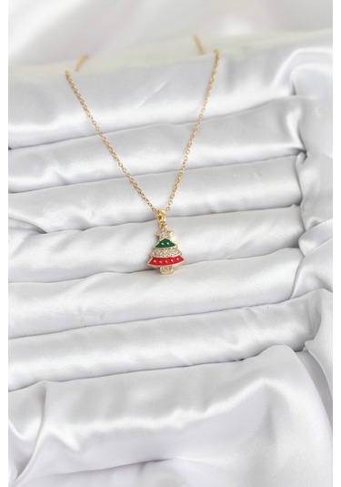 Zarif Boyunlar İçin Golden Çelik Ren Çam Ağacı Zirkonlu Yılbaşı Tema Kadın Kolye Metalik