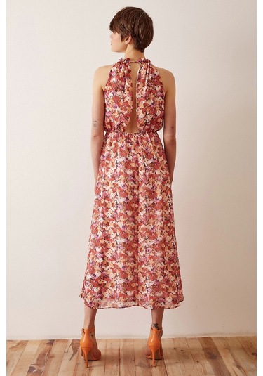 Never More Çiçek Desenli Askılı Elbise Krem