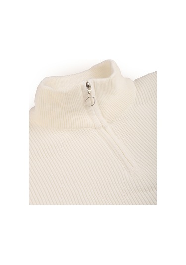 Deepsea Erkek Ekru Yarım Fermuarlı Oversize Kesim Triko Kazak %100 Pamuk, Yumuşak Dokulu Örgü Kazak 2608511 Ekru