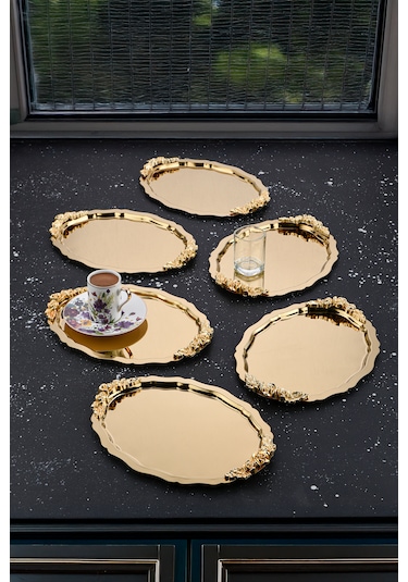 6 Adet Oval-bulut Model Kulplu Kahve-çay Sunum Tepsisi 25x20 Cm