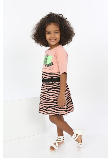 Toontoy Kız Çocuk Zebra Baskılı Elbise Koyu Pudra
