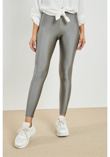 Kadın Parlak Disko Disco Tayt Gri