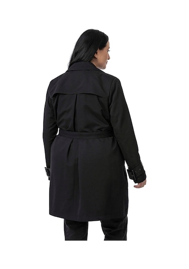 Büyük Beden Kruvaze Kolu Bant Detaylı Cepli Kuşaklı Astarlı Siyah Trençkot Siyah