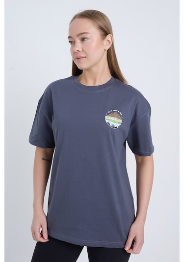 Velvoria Unisex Oversize Relaxed Home Is Where Baskılı Antrasit Renk T-shirt