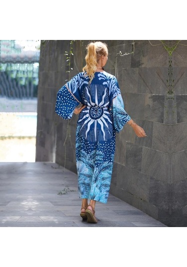 Edolynsa Bohem Mayo Cover Up Retro Şerit Kendinden Kuşaklı Kadın Yaz Giysileri Uzun Kimono Elbise Beachwear Bikini Kapak-ups Q1521 Mavi
