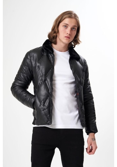 Erkek Yakası Kürklü Deri Mont Siyah Acı Kahverengi