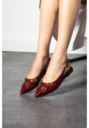 Shoetek Jowana Kadın Babet Çapraz Bantlı Tokalı Bordo Rugan Bordo