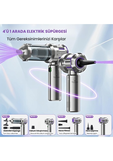 Yeni 16000pa Güçlü Portatif Vakumlu Kablosuz Üflemeli Mini Araç Süpürgesi Gri