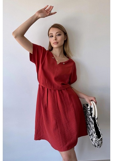 Kadın Mercan Kısa Kol, Kalp Yaka, Dokulu Desen, Bele Oturan, Aerobin Lastikli Bel Midi Elbise Mercan