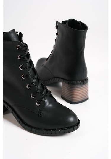 Dıana Bağcıklı Fermuarlı Ortopedik Taban Topuklu Kadın Bot Cst - Siyah Siyah