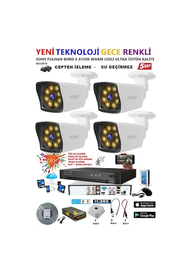 4 Kameralı Gece Renkli 8 Adet Warm Ledli Yeni Nesil 5 Mp Kuruluma Hazır Güvenlik Kamerası Seti