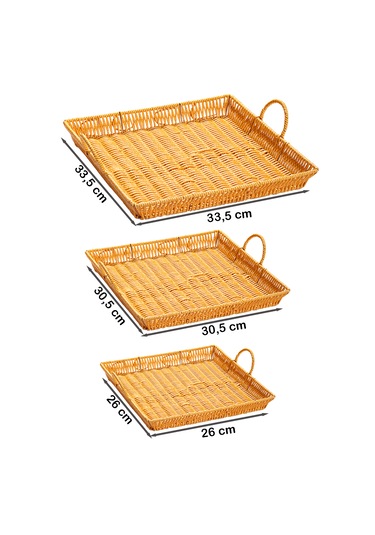 Porsima 709b Kare 3'lü Hasır Tepsi Dekoratif Sunum Servis Tepsisi