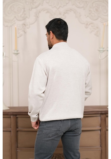 Woolen World Balıkçı Yaka Desenli Yünlü Erkek Triko Kazak Krem