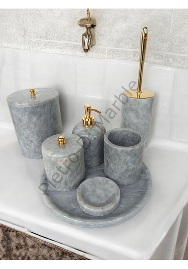 Gri Mermer Klasik Model 7 Parça Gold Renk Düğme Aksesuarlı Banyo Seti Gri