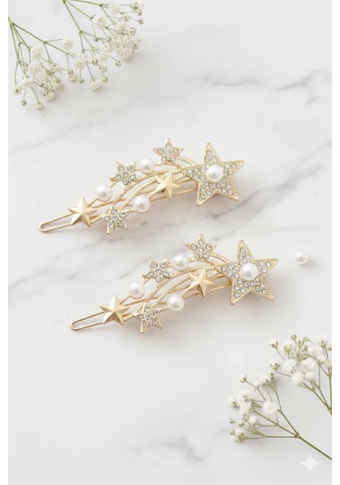 Yıldız Şekilli İnci Detaylı Metal Toka, Metal Klipsli Yıldız İnci Toka 2 Adet Altın