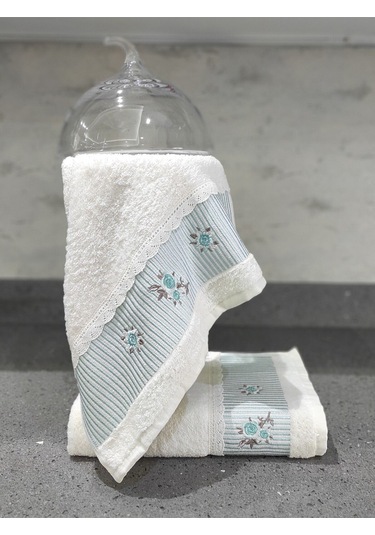 %100 Pamuk & Nakışlı Havlu Takımı - 2'li Dantelli Havlu Seti - 40x60 Cm Mint Yeşili Mint