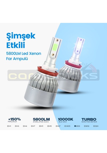 9006 Buz Mavi C6 Led Xenon Far Ampulü Şimşek Etkili 5800LM