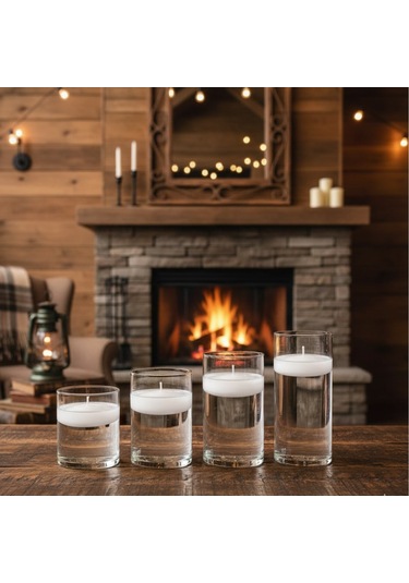 4 Lü Vazo + 12 Adet Çap 5 Cm Beyaz Yüzen Mum Beyaz