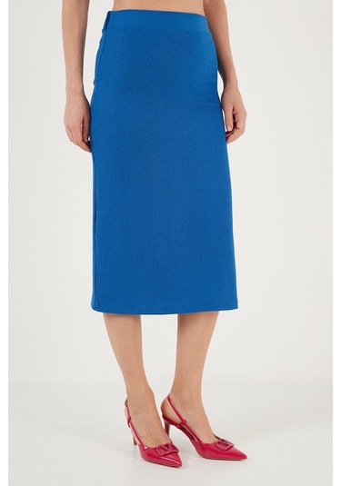 Lela Yüksek Bel Yırtmaçlı Dar Kesim Midi Bayan Etek 5865600 Saks